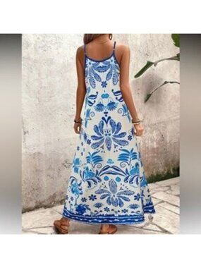 Blue and White Floral Print Maxi Dress